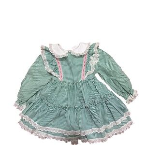 Vintage Bryan dresses Green & White Striped Lace-Trim Girls Dress